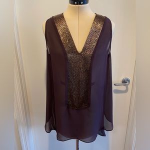 Aqua Luxe Purple Sheer V Neck Tank Top With Gold Beading Size L
